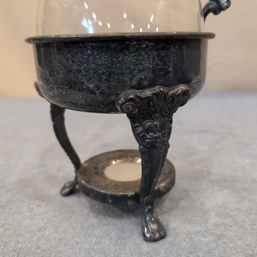 Sheridan Silver Plated Glass Carafe with Ornate Warming Stand Vintage Beverage - Picture 2 of 9